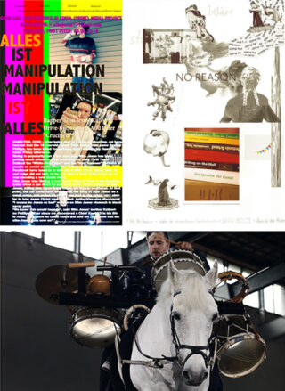 Eine Collage aus drei Bildern: fettgedruckter deutscher Text mit einem Mann im Hintergrund, ein Mixed-Media-Kunstwerk mit Vintage-Fotos und Text und ein Mann, der auf einem weißen Pferd reitet, das mit Musikinstrumenten ausgestattet ist.