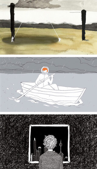 Drei illustrierte Szenen: Zwei Figuren ziehen an Seilen, die auf einem Feld an Stangen befestigt sind, ein Astronaut rudert ein Boot auf dem Wasser und eine Person blickt aus einem Fenster auf die Skyline einer Stadt.