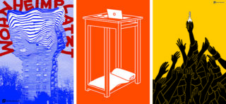 Drei grafische Poster: ein verzerrtes blaues und rotes Textposter, ein orange-weißer Stand mit einem Laptop und schwarzen Händen, die nach einer erhobenen Hand greifen, die ein Dokument auf gelbem Hintergrund hält.