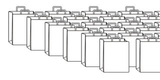 Reihen illustrierter Einkaufstaschen mit Griffen, in einem Gittermuster angeordnet.