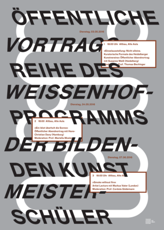 Poster mit fettgedrucktem, überlappendem deutschem Text, der für eine öffentliche Vortragsreihe wirbt und in hervorgehobenen Kästchen Daten, Orte und Referenten auflistet.
