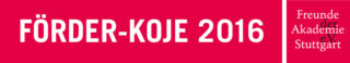 Banner mit weißem Text auf rotem Hintergrund mit der Aufschrift „FÖRDER-KOJE 2016“. Auf der rechten Seite steht in kleinerer Schrift „Freunde der Akademie e.V. Stuttgart“.