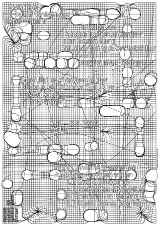 Poster mit schwarzem geometrischem Gitter und Klecksformen, überlagert mit deutschem Text über eine Veranstaltung in der Staatlichen Akademie der Bildenden Künste Stuttgart vom 6. bis 8. Juni 2013.
