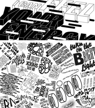 Oben: „ICH KANN DEINE ENERGIE FÜHLEN“ in großen, fetten, dreidimensionalen Buchstaben. Unten: Verschiedene handgezeichnete Sätze und Wörter in Schwarzweiß in gemischten Schriftarten und Ausrichtungen.