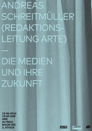 Poster mit blauem strukturiertem Hintergrund und weißem Text, das für einen Vortrag von Andreas Schreitmüller zum Thema „Die Medien und ihre Zukunft“ wirbt, einschließlich Veranstaltungsdetails wie Datum, Uhrzeit und Ort.