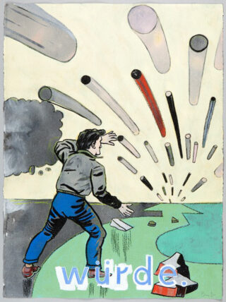 Eine Person steht mit erhobenen Armen in der Nähe von Wasser, während zylindrische Objekte vom Himmel herabsteigen; unten erscheint das Wort „Würde“.