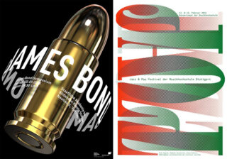 Geteiltes Poster: Auf der linken Seite ist eine große Messingkugel mit dem Schriftzug „James Bond“ abgebildet; auf der rechten Seite überlappender roter und grüner Text mit Veranstaltungsdetails für ein Jazz- und Popfestival.