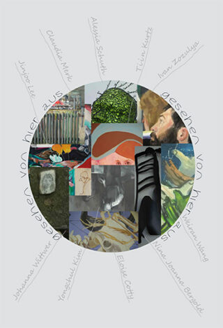 Eine Collage aus verschiedenen Kunstwerken ist in ovaler Form angeordnet, umgeben von handgeschriebenen Namen auf einem grauen Hintergrund, wobei um das Oval herum teilweise deutscher Text sichtbar ist.