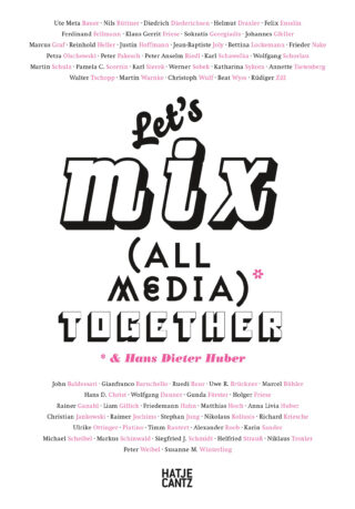 Plakat mit dem Text „Let’s mix (all media) together & Hans Dieter Huber“ in fetter Schrift, umgeben von einer Liste verschiedener Namen über und unter dem Haupttext.