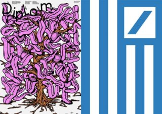 Ein Poster mit einem illustrierten rosa Baum mit vielen gewellten Zweigen und Augen auf der linken Seite und einem blau-weißen geometrischen Muster auf der rechten Seite.