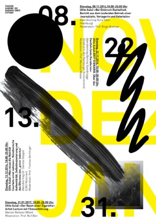 Poster mit überlappenden fettgedruckten schwarzen Zahlen, gelbem Text, abstrakten schwarzen Pinselstrichen und Veranstaltungsdetails in deutscher Sprache auf der rechten Seite.