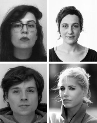 Ein Raster aus vier Schwarzweißporträts, das oben zwei Frauen und unten eine Frau und einen Mann zeigt, die jeweils direkt in die Kamera blicken.