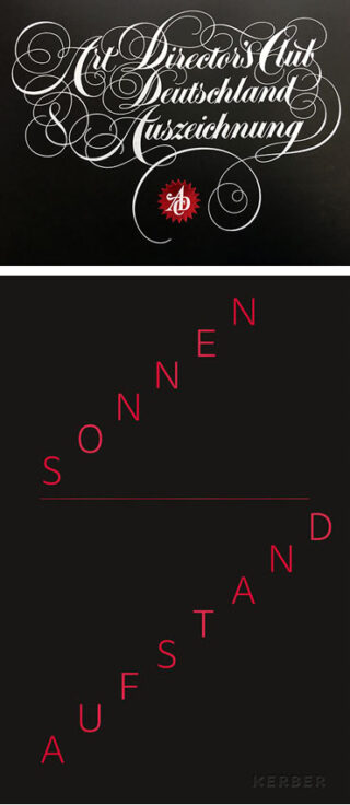 Zwei grafische Designs: Das obere ist mit kunstvoller deutscher Kalligrafie versehen, während das untere den Schriftzug „SONNEN AUFSTAND“ diagonal in Rot auf schwarzem Grund zeigt.