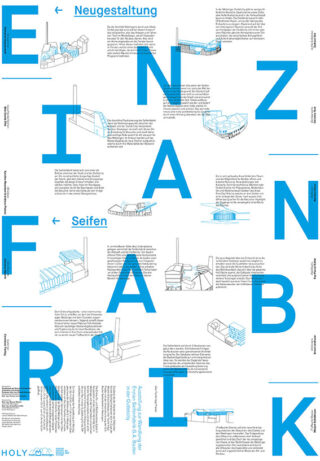 Poster mit Architekturskizzen und deutschem Text, überlagert mit großen blauen Buchstaben „EIN ZANFARIK“. Enthält durchgehend kleine Absätze und minimalistische Strichzeichnungen.