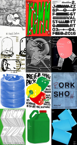 Eine Collage aus zwölf Grafikdesign-Postern mit kräftiger Typografie, abstrakten Formen und verschiedenen Farben, darunter blaue Schläuche, grüne Krüge und handgeschriebene Textelemente.