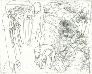 Abstrakte schwarze Strichzeichnung auf weißem Hintergrund mit überlappenden und sich kreuzenden Linien, die im gesamten Bild unregelmäßige, chaotische Formen und Muster bilden.