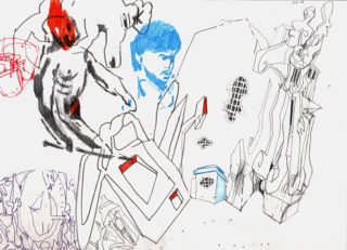 Abstrakte Zeichnung mit verschiedenen Figuren, darunter eine Skizze eines Menschen, ein blaues Gesicht, geometrische Formen und fragmentierte Formen mit roten, schwarzen und blauen Akzenten auf weißem Hintergrund.