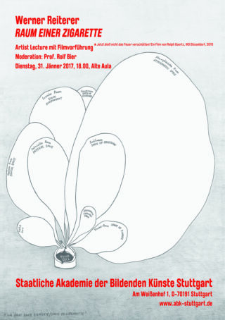 Plakat für eine Veranstaltung mit dem Titel „Raum einer Zigarette“ in der Staatlichen Akademie der Bildenden Künste Stuttgart mit handgezeichneten Gedankenblasen und Veranstaltungsdetails in rotem, schwarzem und blauem Text.