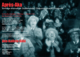 Plakat für die Veranstaltung „Après-Aka“ mit Details in deutscher Sprache, die über ein unscharfes Graustufenbild von Personen gelegt sind; Hervorhebung der Gastrednerin Ann-Kathrin Köhl und Veranstaltungsinformationen.