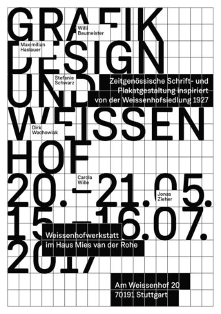 Schwarzer Gitterhintergrund mit fettem, überlappendem serifenlosem Text in deutscher Sprache, der für eine Grafikdesign- und Weissenhof-Veranstaltung wirbt, einschließlich Daten, Namen und Ort in Stuttgart.