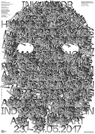 Schwarzer, überlappender Text, der die Form eines menschlichen Gesichts bildet, wobei Wörter wie „INKUBATOR“, „HYBRIDE“ und die Veranstaltungsdetails „23.-27.05.2017“ in der gesamten dichten Komposition sichtbar sind.