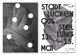 Zwei moderne Grafikplakate: Das linke zeigt eine drapierte Figur mit weißen Kreisen und Veranstaltungstext; das rechte zeigt eine geometrische Skulptur mit fettem schwarzen Text zu einer Ausstellung, einschließlich Daten.