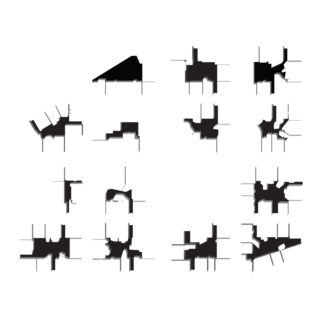 Ein Raster aus sechzehn abstrakten schwarzen Formen mit eckigen Kanten und hervorstehenden Linien, jede Form einzigartig, vor einem weißen Hintergrund.