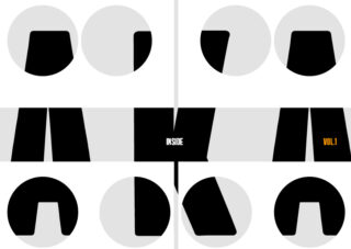 An den Rändern sind abstrakte schwarze Formen in grauen Kreisen angeordnet, in der Mitte befinden sich größere schwarze Formen. Im mittleren Abschnitt erscheinen die Wörter „INSIDE“ und „VOL 1“.