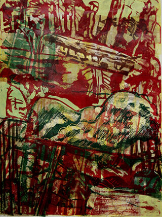 Abstraktes Kunstwerk mit überlappenden roten, grünen und gelben Formen, darunter eine liegende menschliche Figur und verschiedene sich kreuzende Linien und Formen.