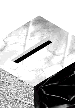 Ein rechteckiger Schlitz in einer Oberfläche mit Marmorstruktur, wobei auf den angrenzenden Seiten glänzende und glitzernde Materialien sichtbar sind.