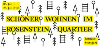 Schwarze geometrische Baumsymbole auf weißem Hintergrund mit gelb hervorgehobenem Text: „SCHÖNER WOHNEN IM ROSENSTEIN QUARTIER“, Veranstaltungstermine und Veranstaltungsort Rathaus Stuttgart.