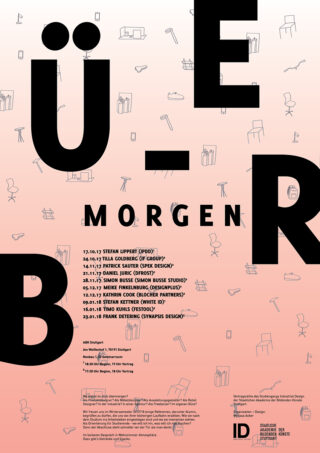Poster mit großen schwarzen Buchstaben „ÜBER“ und kleinerem „MORGEN“ auf einem rosa Hintergrund mit Farbverlauf, mit einem Veranstaltungsplan und minimalistischen Strichzeichnungen von Personen und Objekten.
