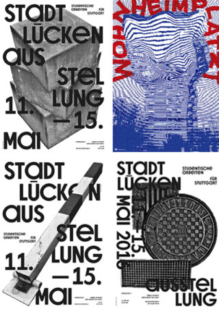 Eine Collage aus vier Postern mit fettem schwarzen Text, abstrakten Architekturbildern und einer Mischung aus geometrischen und strukturierten grafischen Elementen, die alle für eine Ausstellung in Stuttgart vom 11. bis 15. Mai werben.