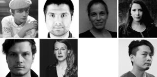 Eine Collage aus sieben Porträtfotos, auf denen vier Männer und drei Frauen zu sehen sind, die jeweils direkt in die Kamera blicken, sowohl in Farbe als auch in Schwarzweiß.