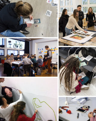 Collage von Schülern bei verschiedenen künstlerischen Aktivitäten, darunter Zeichnen, Zusammenarbeit an Tischen, Präsentieren von Kunstwerken und Skizzieren an einer Wand. Überall sind Kunstmaterialien und Skizzen zu sehen.