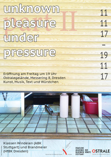 Plakat mit dem Text „unknown pleasure under pressure“ und Veranstaltungsdetails zu einer Kunsteröffnung in Dresden, mit einer gefliesten Theke, zwei Flaschen und einem roten Stuhl.