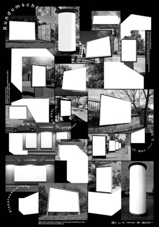 Eine Collage aus Schwarzweißfotos zeigt leere Plakat- und Plakatrahmen in verschiedenen Außen- und Innenumgebungen, angeordnet auf einem schwarzen Hintergrund mit deutschem Text.