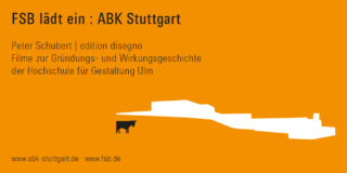 Orangefarbenes Veranstaltungsplakat für die FSB im ABK Stuttgart mit Textdetails und einer weißen abstrakten Gebäudesilhouette mit einem kleinen schwarzen Kuhsymbol.