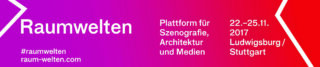 Banner für „Raumwelten“, eine Plattform für Szenografie, Architektur und Medien, die vom 22. bis 25. November 2017 in Ludwigsburg/Stuttgart stattfand. Lila-roter Farbverlauf-Hintergrund.