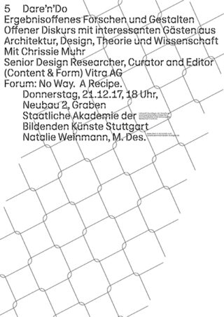 Poster mit schwarzem geometrischem Linienmuster, überlagert von deutschem Text, der eine Veranstaltung mit Chrissie Muhr an der Staatlichen Akademie der Bildenden Künste Stuttgart am 21. Dezember 2017 beschreibt.