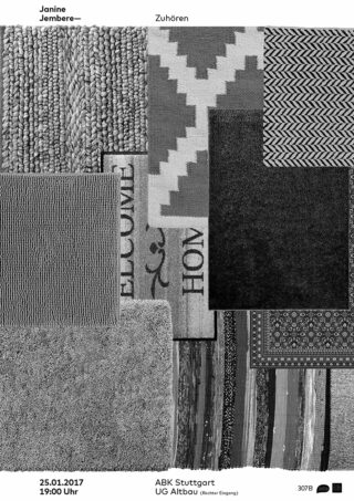 Schwarz-Weiß-Bild einer Collage aus verschiedenen überlappenden Teppichen und Fußmatten mit unterschiedlichen Mustern und Texturen. Veranstaltungsdetails und Text sind am Rand platziert.