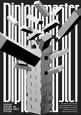Auf einem Graustufenplakat wird das Wort „Diplom“ durch fliegende 3D-Blöcke zerbrochen, mit einem deutschen Text über eine Kunstausstellung an der Akademie der Bildenden Künste Stuttgart.