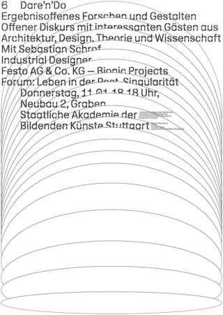 Ein deutsches Veranstaltungsplakat mit verzerrtem Text und kreisförmigen Linien, das einen Vortrag von Sebastian Scharf in der Akademie der Bildenden Künste Stuttgart ankündigt.