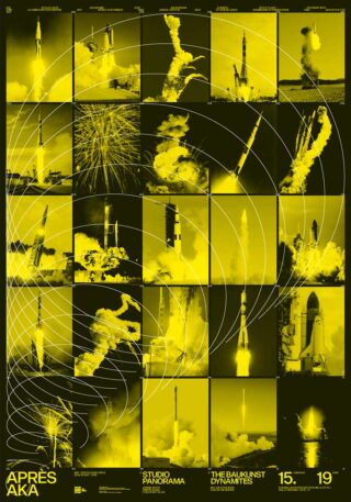 Eine Collage aus gelb getönten Fotos zeigt verschiedene Phasen von Raketenstarts mit Rauch, Feuer und Flug, überlagert mit weißen konzentrischen Kreismustern und Ereignistext am unteren Rand.