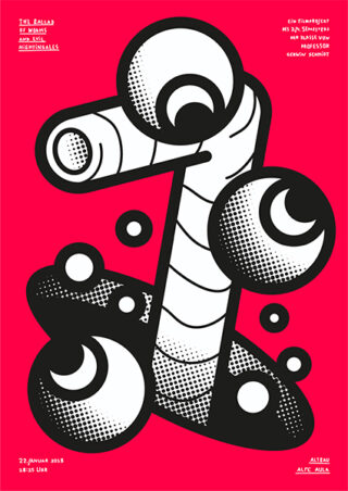 Eine stilisierte Zahl Sieben mit großen, cartoonhaften Augen auf einem leuchtend rosa Hintergrund; Veranstaltungs- und Veranstaltungsortdetails werden in den Ecken in weißer Schrift angezeigt.