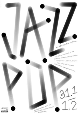 Plakat mit großen, überlappenden schwarzen und weißen Buchstaben mit der Aufschrift „JAZZ POP“ mit Details für ein Jazz- und Pop-Festival an der Hochschule für Musik und Darstellende Kunst Stuttgart am 31. Januar und 1. Februar.