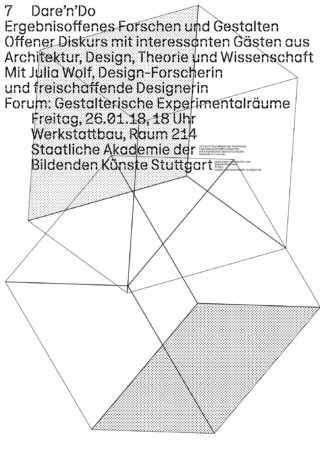Schwarze geometrische Linien bilden abstrakte Formen auf weißem Hintergrund mit deutschem Werbetext für ein Designforum in der Staatlichen Akademie der Bildenden Künste Stuttgart.