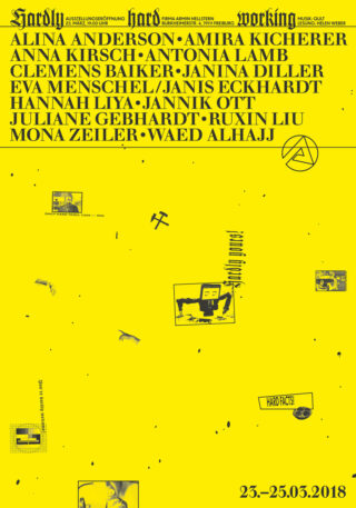 Leuchtend gelbes Ausstellungsplakat mit schwarzem Text, auf dem Künstlernamen, Veranstaltungsdetails, abstrakte Grafiken und die Daten „23.–25.03.2018“ unten rechts aufgeführt sind.