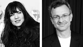 Eine Frau mit langen dunklen Haaren und ein Mann mit Brille und kurzen Haaren sind auf Schwarz-Weiß-Porträtfotos nebeneinander zu sehen.