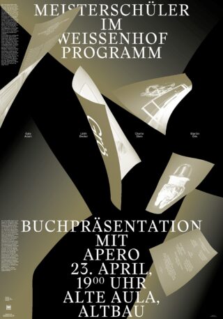 Plakat mit deutschem Text, das eine Buchpräsentation und einen Empfang am 23. April um 19:00 Uhr in der Alten Aula im Altbau ankündigt, mit schwebenden Buchseiten und Graustufenverläufen.